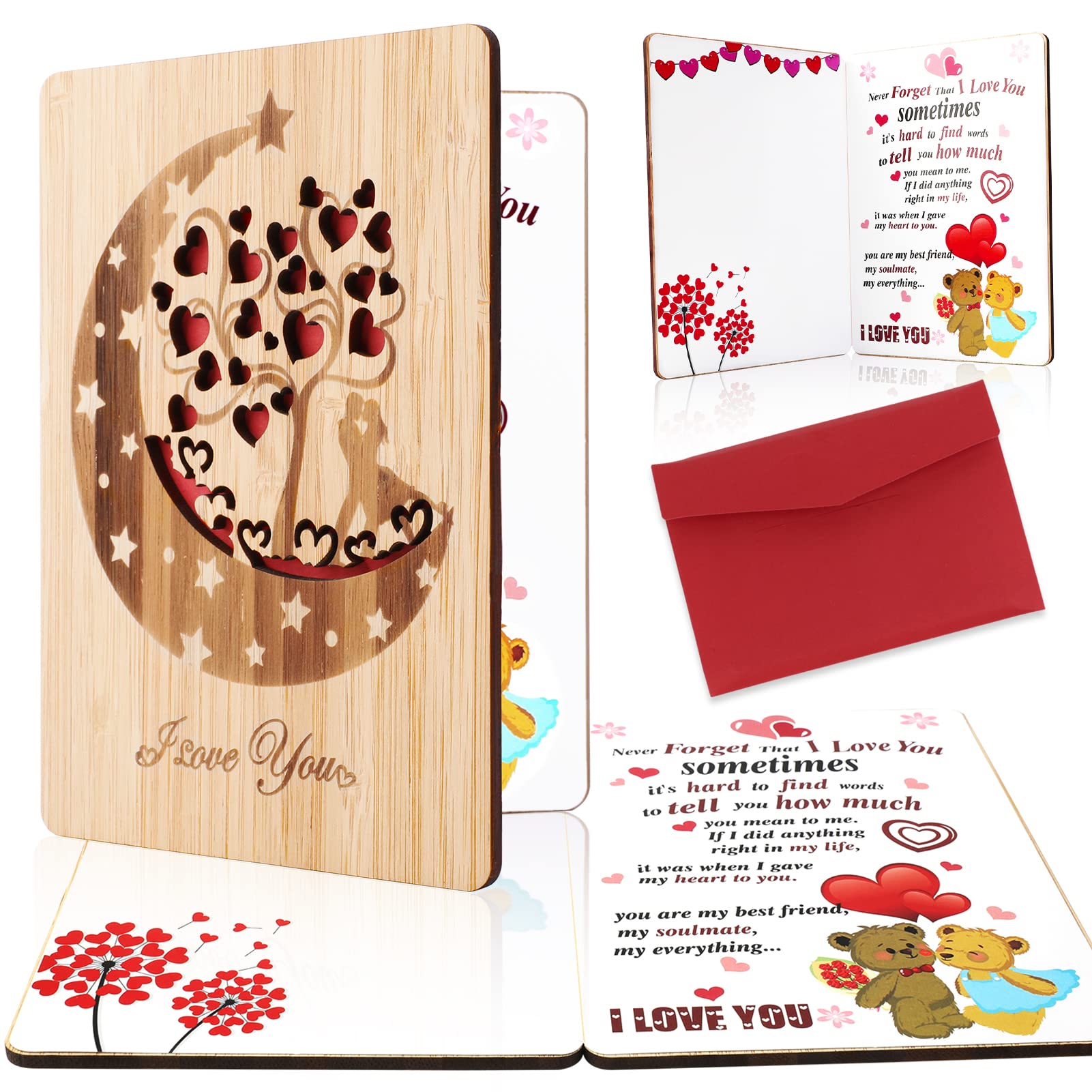 HOWAF Wood I Love You Card, Love You to The Moon and Back Card for Valentines Day, Wedding Anniversary, Birthday for Wife, Husband, Girlfriend, Boyfriend Couple Gift