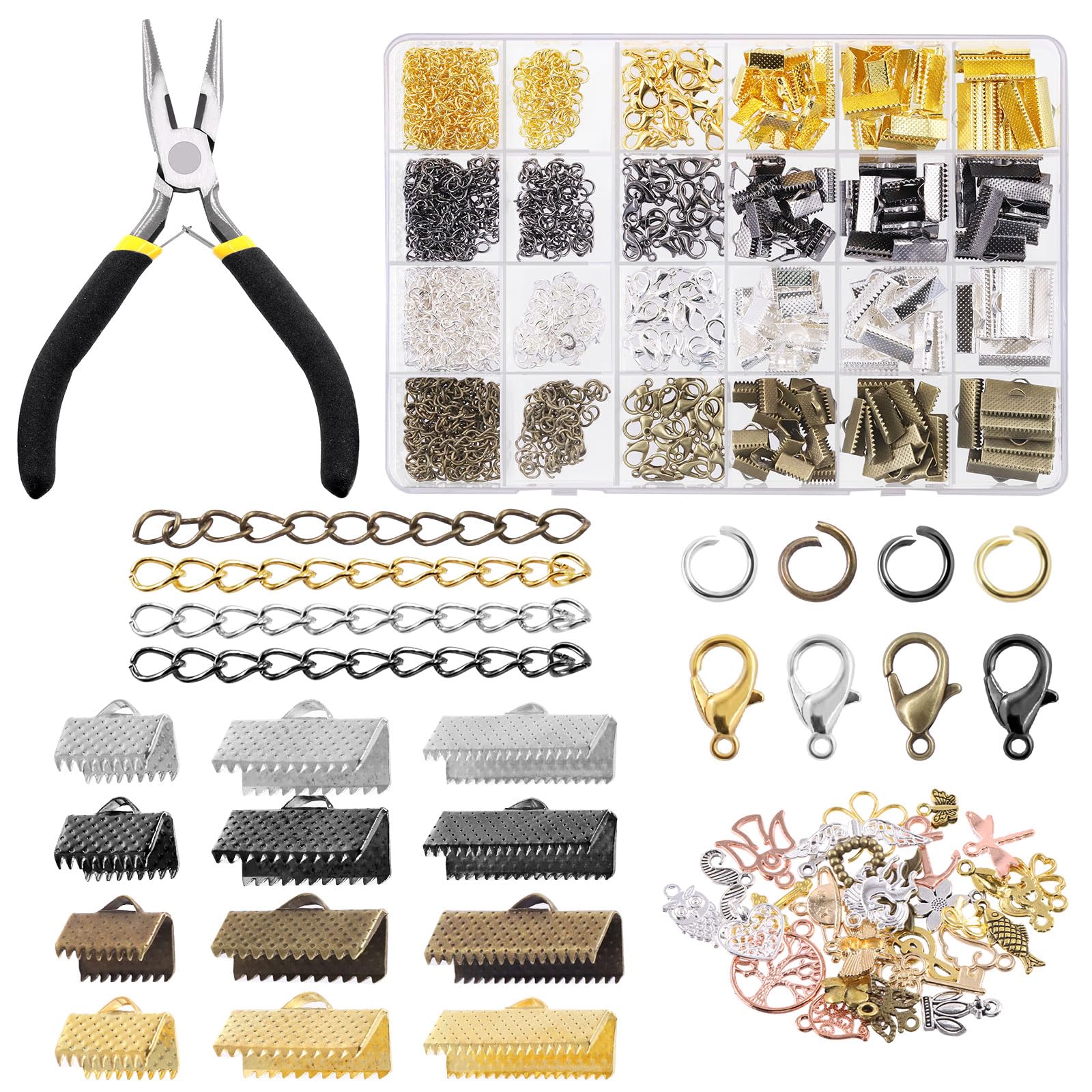 Tanstic 771Pcs 4 Colors Ribbon Ends Fastener Clasps Kit, Bookmark Pinch Crimp Ends with Jump Rings, Lobster Claw Clasps, Chain Extenders, Pendant Charms and Jewelry Pliers for DIY Crafts