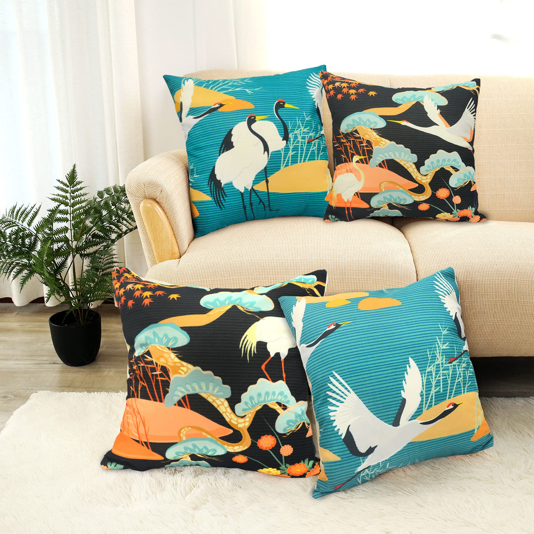 LIGICKY Cotton Linen Decorative Throw Pillow Cover, Print Square Pillow Cases Cushion Covers for Couch Sofa Bed Home Decor (18x18 Inches, Set of 4) (White Crane Style)