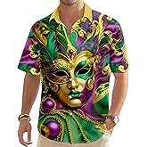 Mardi Gras Shirts for Men New Orleans Mardi Button Down Shirt Carnival Themed Short Sleeve Holiday Blouse Tee