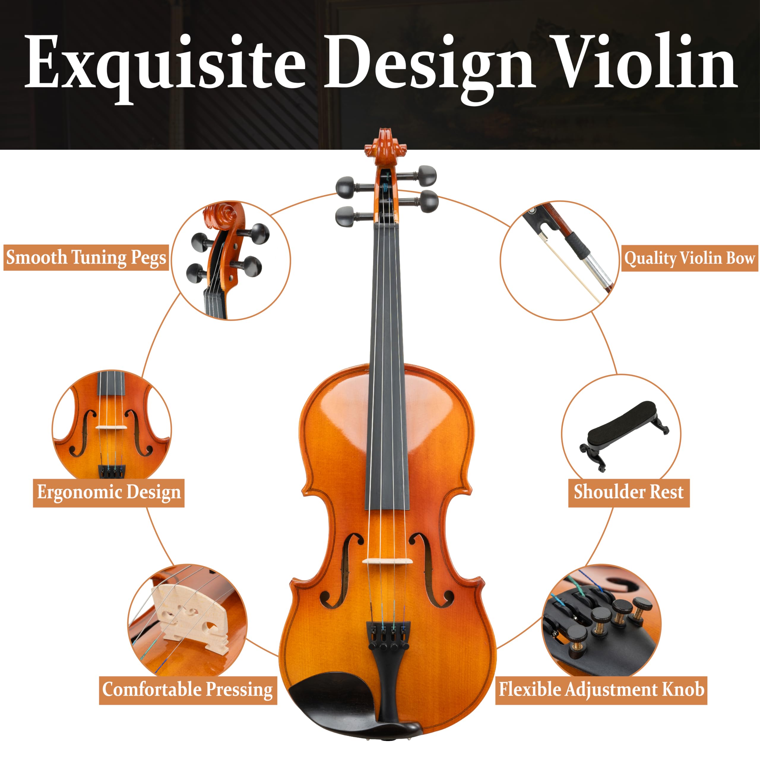 Mendini by Cecilio Violin 4/4 Full Size Set For Beginners - Hand Carved Acoustic Violins Set - Fiddle Solidwood Kit with Hard Case, Two Bows, Tuner, Rosin, Shoulder Rest, Extra Strings, Lesson Book