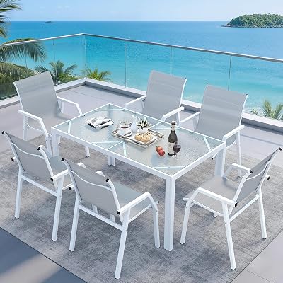 Jocoevol 7 Piece Patio Dining Sets for 6, Outdoor Table and Chairs Set with 59in Patio Dining Table and 6pcs Textilene Chairs, All Weather Furniture Set for Backyard Deck Garden