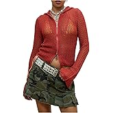 SOLY HUX Women's Zip Up Hooded Lightweight Cardigans Hollow Out Long Sleeve Knitted Sweater Y2k Crop Tops