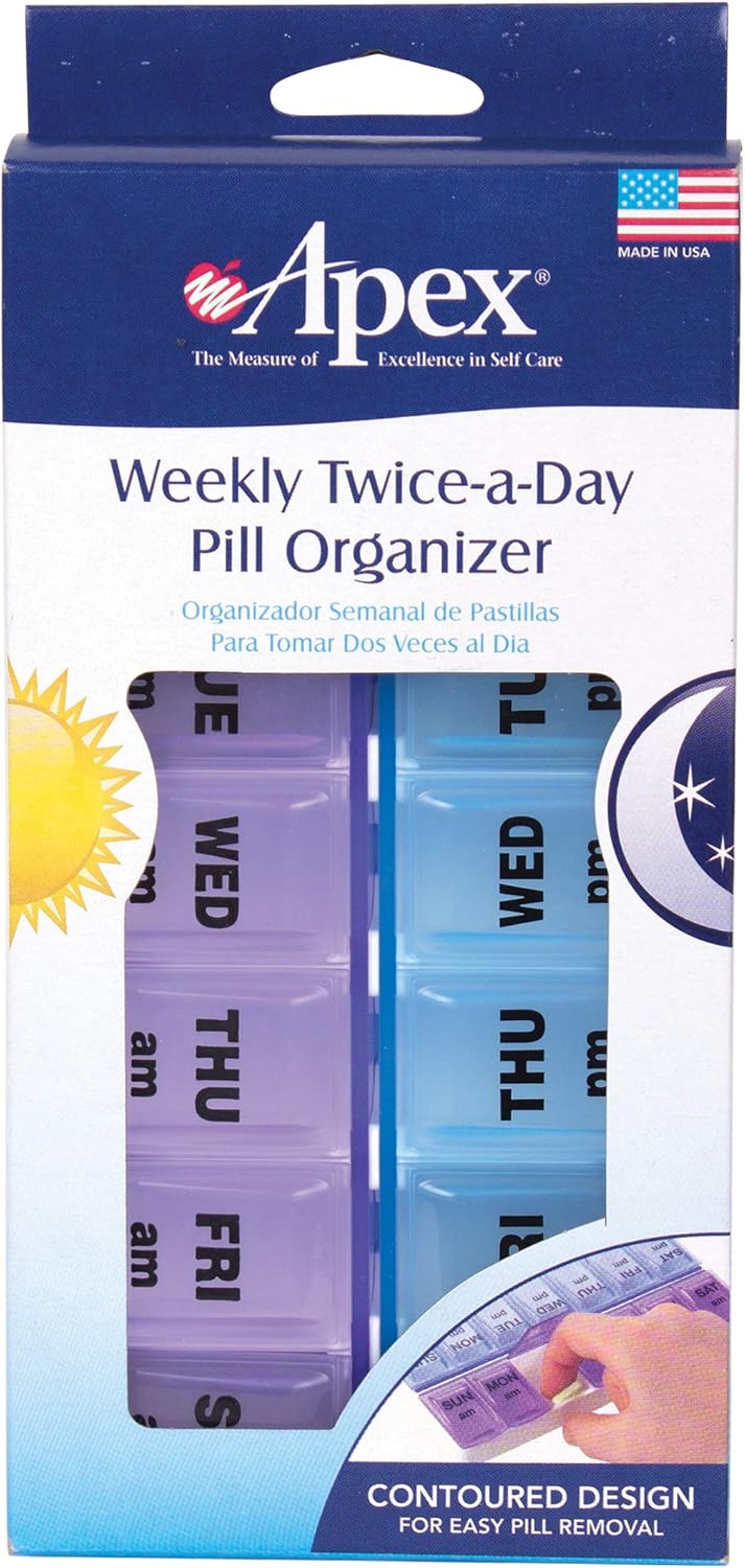 Apex Twice-A-Day Weekly Pill Organizer, Weekly Pill Organizer, 2 Times a Day Color-Coded, Easy-Open, See-Through Lids, Organize Medication or Vitamins by AM, PM or Morning and Bedtime: Health & Personal Care