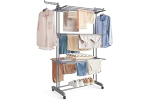SONGMICS Clothes Drying Rack 4-Tier, Foldable Laundry Drying Rack 173 cm Tall, Steel, Rolling Clothes Horses, Laundry Hanger 