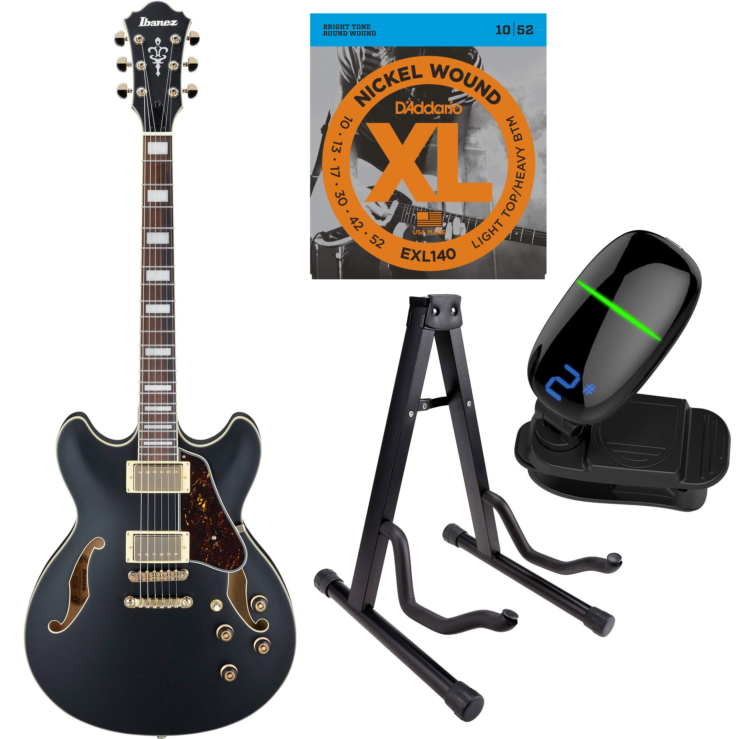 Ibanez Artcore Series Hollow-Body Electric Guitar with Strings, Tuner & Stand (AS73G, Black Flat)