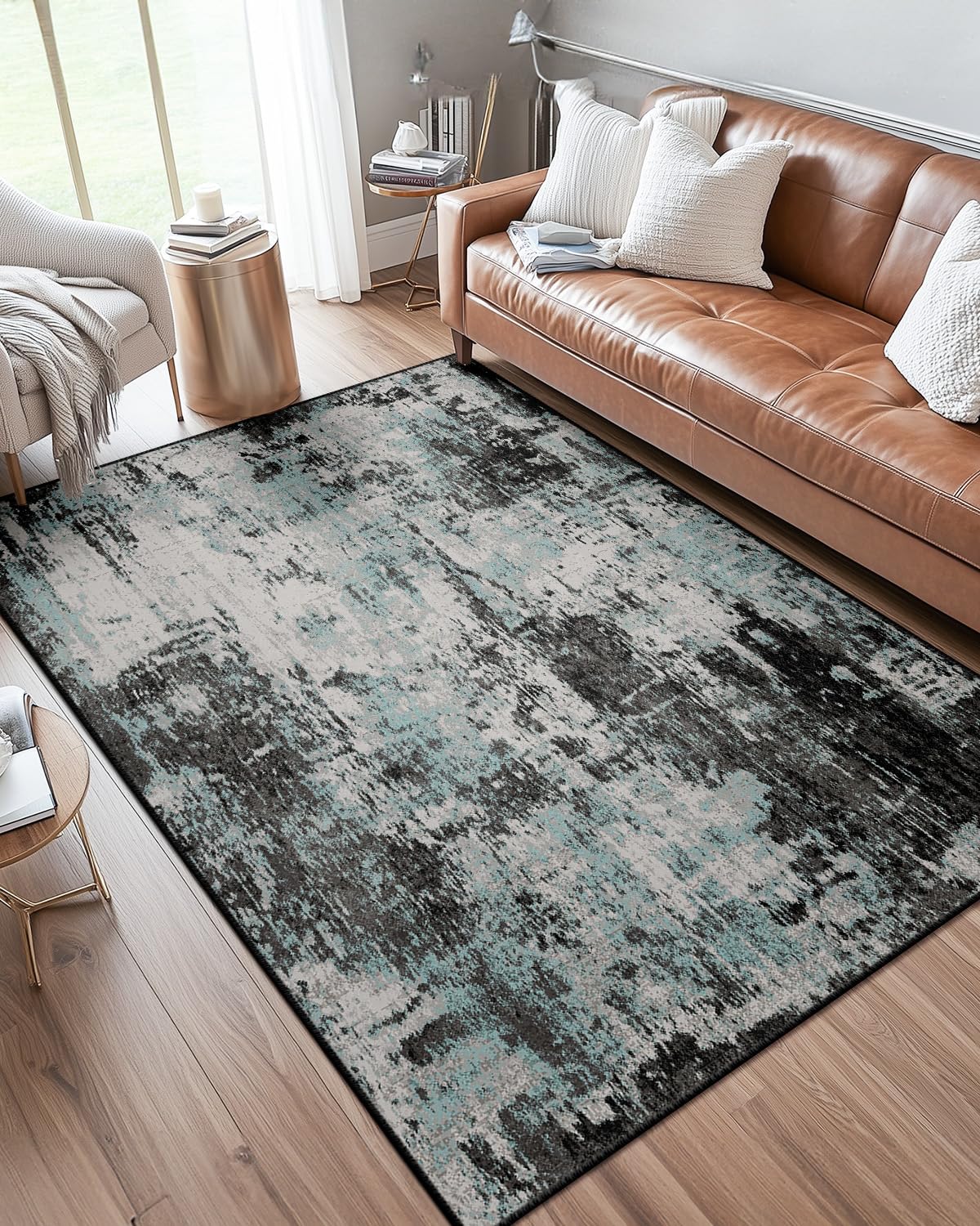 DEFYNEE Modern Abstract Rugs Living Room 90x150 cm Non-Slip Soft Low-Pile Washable Rug for Hallway, Bedroom, and Kitchen-Blueblack