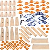 Wooden Train Track Accessories Modular Elevated Railway Build &amp; Play Construction Set STEM 90 PCS Expansion Pack Bridges Tunnel Stop &amp; Go Gate Ascending Tracks Risers Compatible with Thomas &amp; BRIO