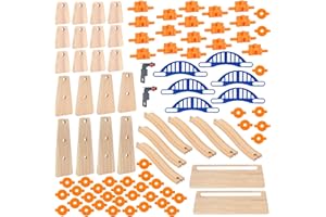 ORBRIUM Wooden Train Tracks Build & Play Construction Set 90 PCS Ultimate Elevated Modular Railway STEM System Track Expansion Pack | Ascending Tracks Risers Bridges Tunnel Stop Go Gate Compatible Thomas Brio
