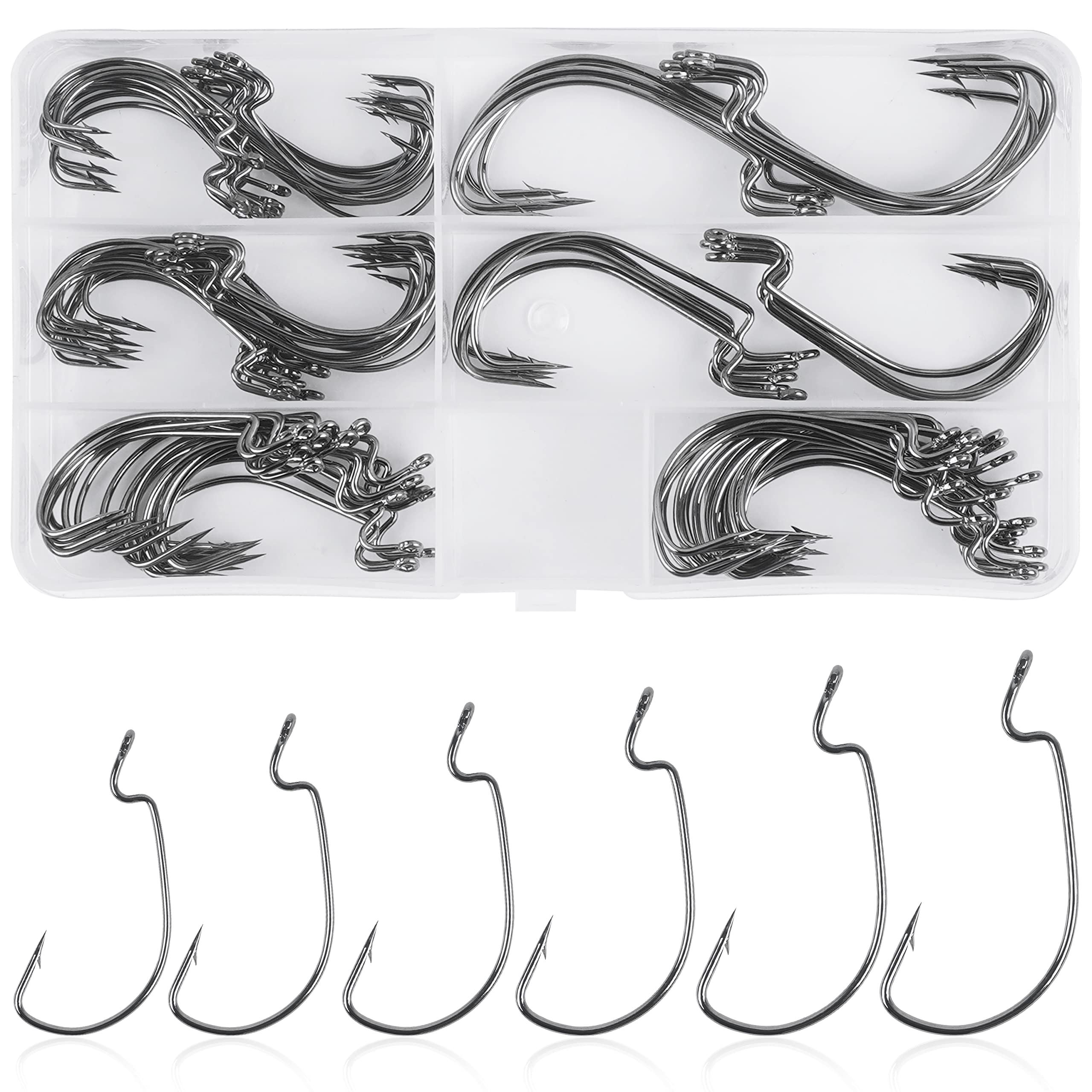 Offset Worm Hooks for Bass Fishing, 50pcs/100pcs Bass Hooks 3X Strong Wide Gap Worm Fishing Hooks High Carbon Steel Soft Plastic Bait Jig Fish Hooks for Bass Trout Freshwater Saltwater