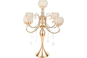 BIGSEE 5 Arms Gold Candelabra Centerpiece 26 Inches Tall Chandelier Crystal Beaded Candle Holders for Table Centerpiece, Wedding Party Dinner Formal Events Gifts (Gold)