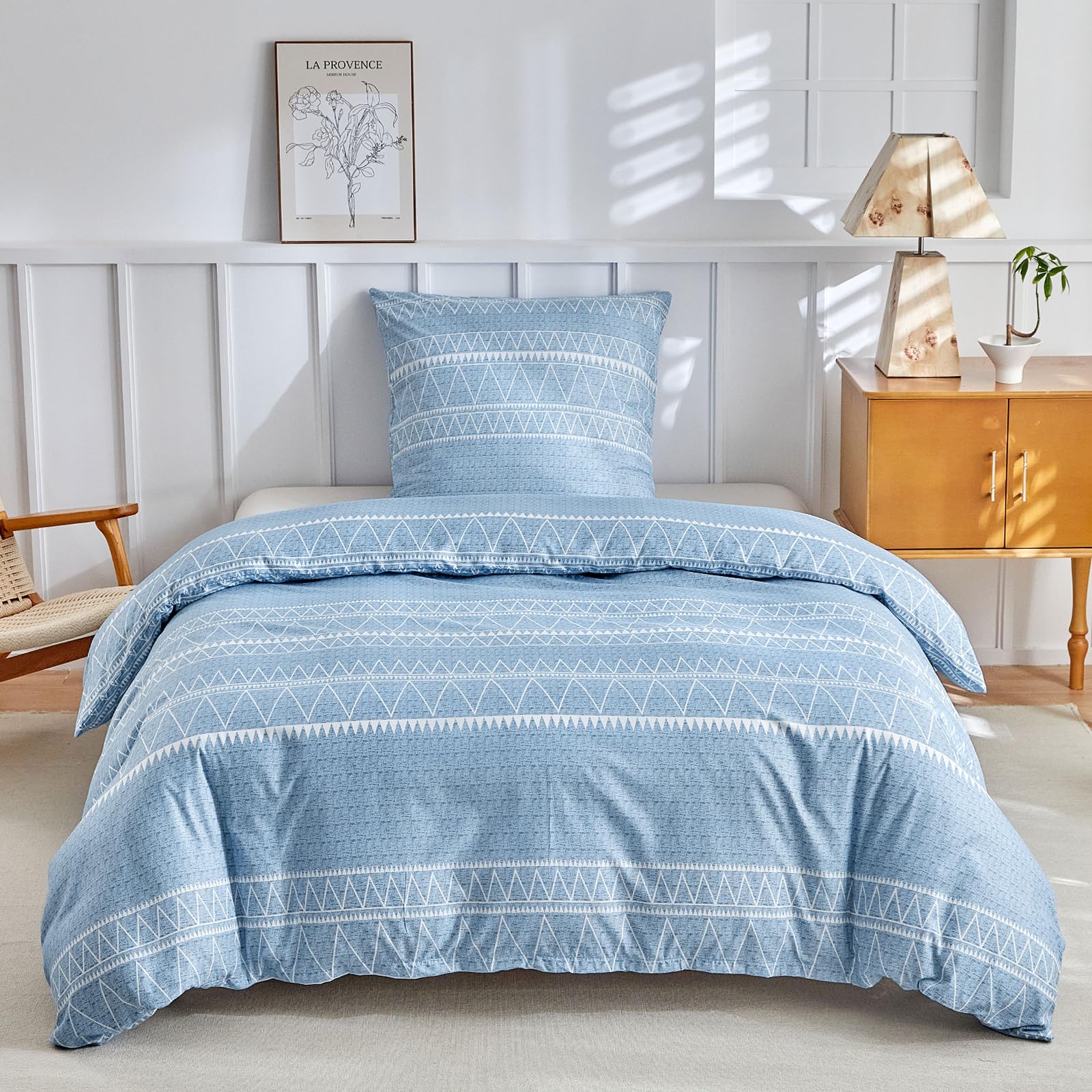 Lekesky Single Duvet Cover Set Blue Bedding - Boho Stripe Print Single Duvet Cover with Zipper (1x Quilt Cover, 1x Pillowcase) Ultra-Soft Microfiber Blue Bedding Sets Single