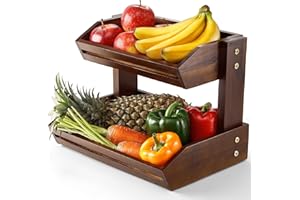 HOLANA Acacia Tier Fruit Basket for Counter – Wooden Fruit Bowl for Kitchen Counter Organizer, Vegetable & Produce Storage, W