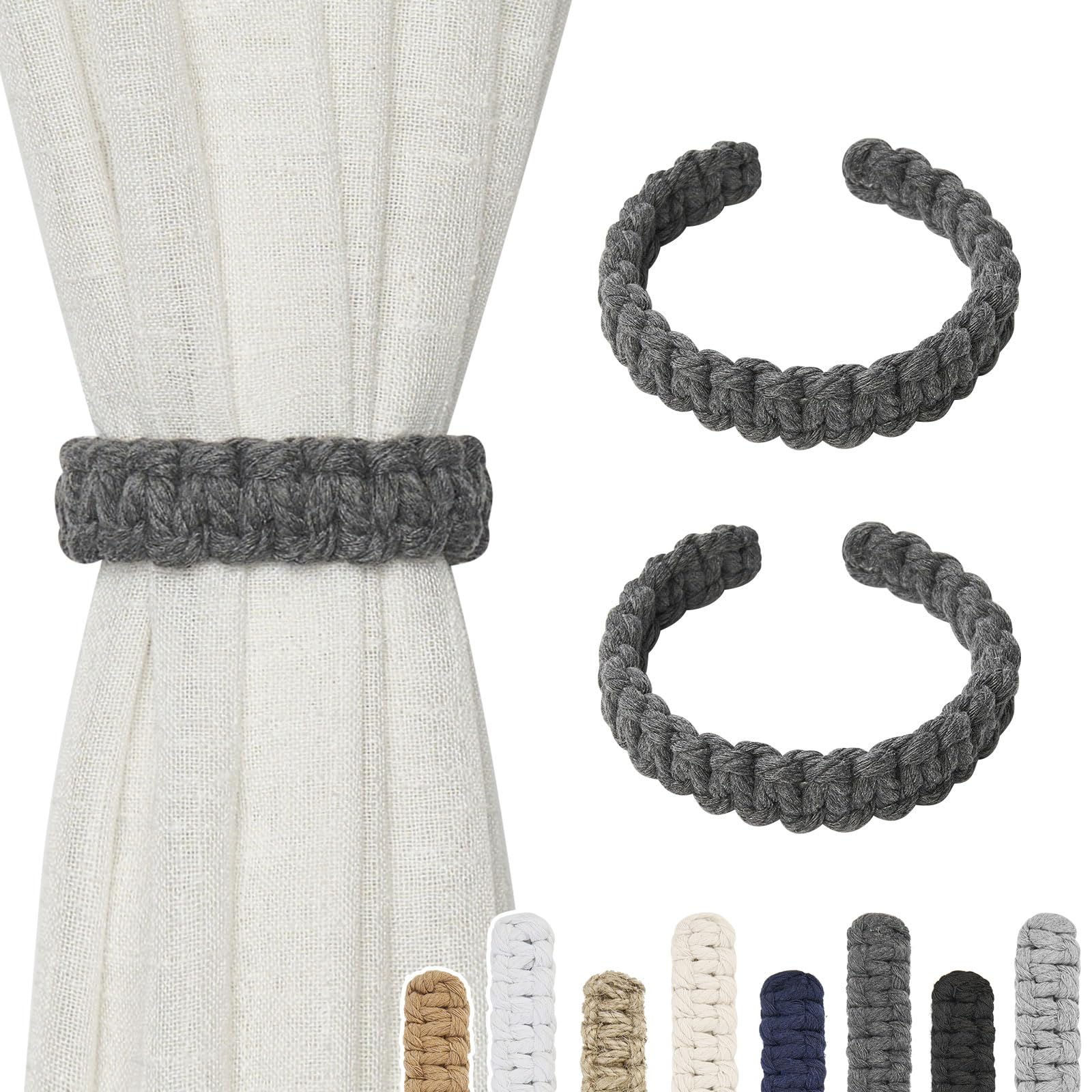 Pretty Jolly 2 Pack Natural Cotton Rope Curtain Tiebacks Farmhouse Rustic Style Decorative Drape Tie Backs Handmade Braided Curtain Holdbacks for Home Sheer/Light Weight Drapery (C-Dark Grey-S)