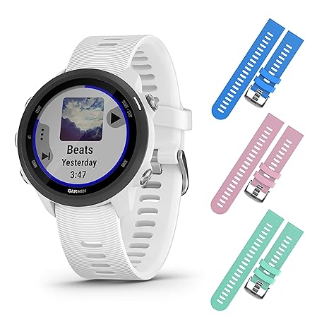 Garmin Forerunner 245 GPS Running Smartwatch with Included Wearable4U 3 Straps Bundle (White Music 010-02120-21, Blue/Pink/Teal)