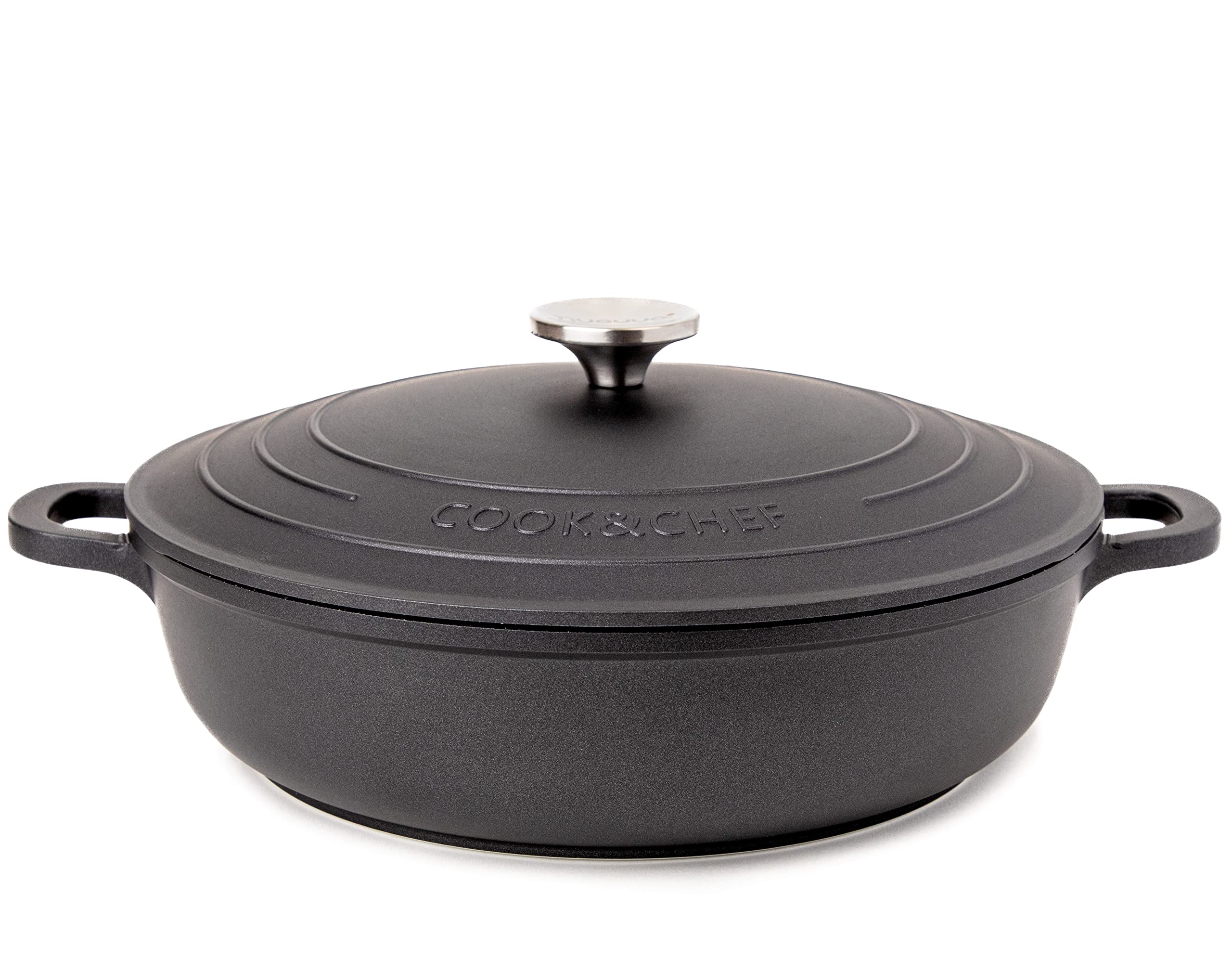 Non-Stick Aluminium Pot with Lid – Sturdy Shallow Dutch Oven – Casserole Pot with Ergonomic Handles – 3.9L, 28cm Oven Safe Cooking Pot – by Nuovva