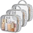 PACKISM TSA Approved Toiletry Bag - Ruched Textured Clear Makeup Bag, Metallic Silver, with 180° Large Opening and Supporting Frame, Perfect for Travel Essentials, Thick No Smell