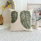 VANNCIO Linen Green Leaf Throw Pillow Cover, Square Pillowcase with Tufted Tropical Palm Leaves, Modern Decorative Cushion Sham for Rustic Spring Summer Home Outdoor Decor, 18x18 inches, 1PCS