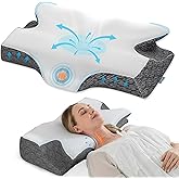 Elviros Cervical Neck Pillow for Sleeping, Memory Foam Pillow for Neck Pain Relief, Side Sleeper Cooling Pillows for Adults, Neck Support with Removable Pillowcase for Back & Stomach Sleepers