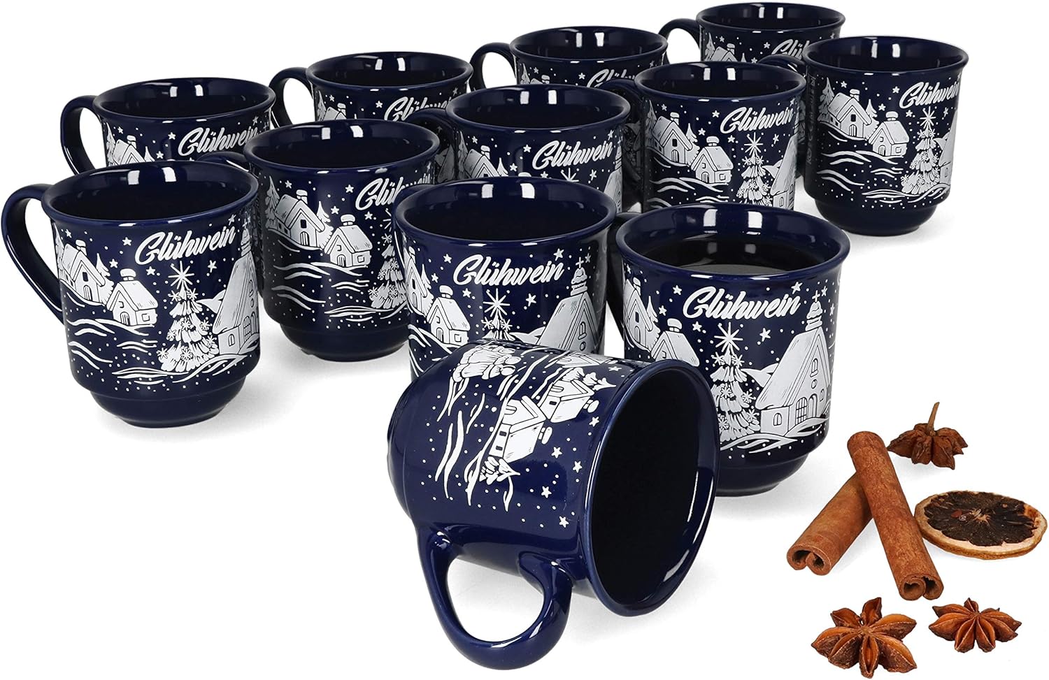MamboCat 12er Set Glühweinbecher 0,2L dunkelblau Weihnachtslandschaft | Klassische Porzellan Glühweintassen | geeicht | ideal für den Weihnachtsmarkt - den Profi & Gastronomiebedarf