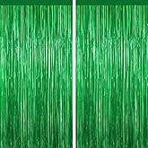 YEURFONTASY Green Tinsel Backdrop Foil Fringe Curtains - 2 Packs Door Streamers Backdrop for Birthday Door Decorations, Party Supplies for Bachelorette, Graduation, Christmas, Disco Decor
