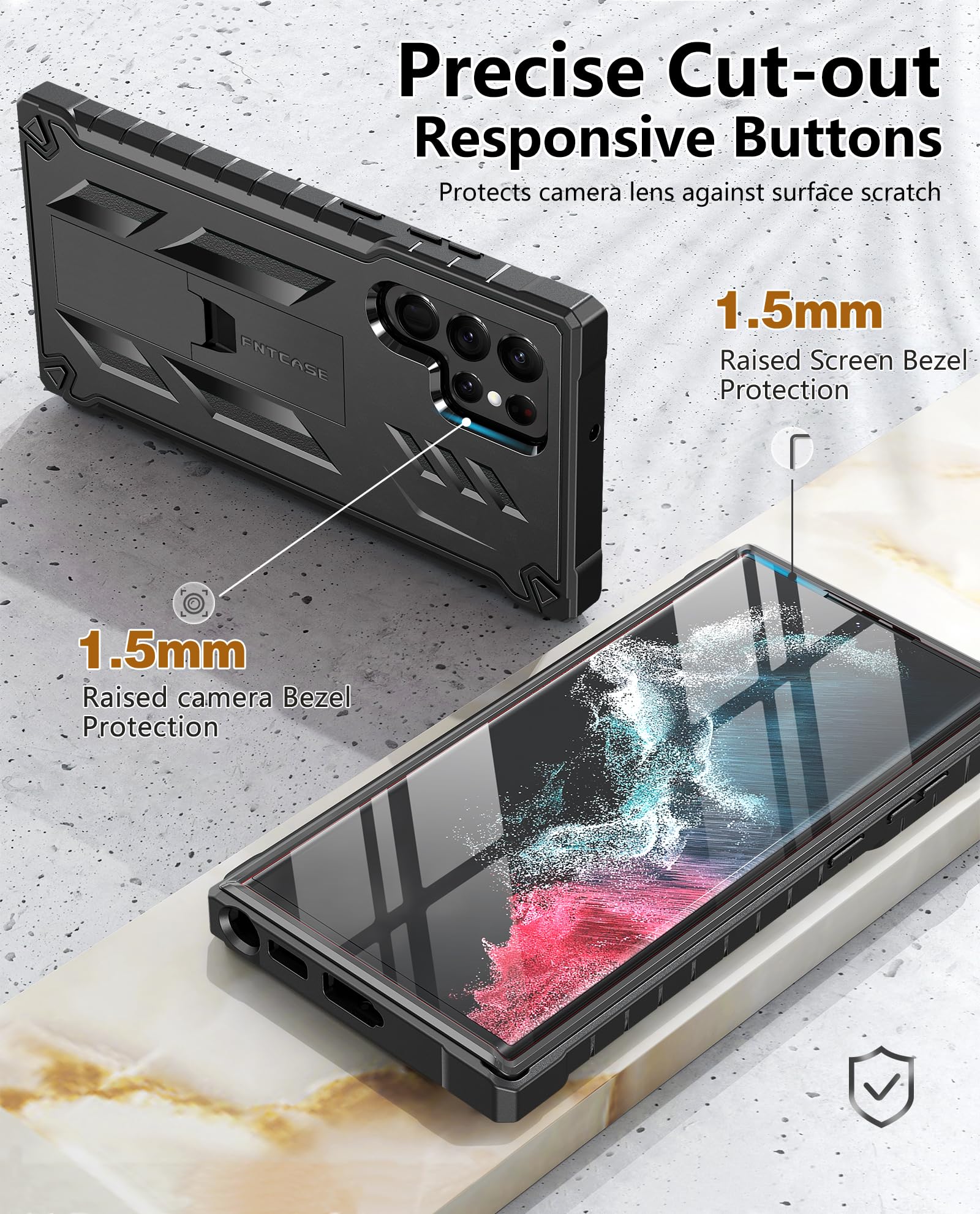 FNTCASE for Samsung Galaxy S22 Ultra Case: Built-in Screen Protector & Kickstand Full-Body Dual Layer Rugged Military Grade Shockproof Protection Heavy Duty Protective Phone Cover 5G-Black