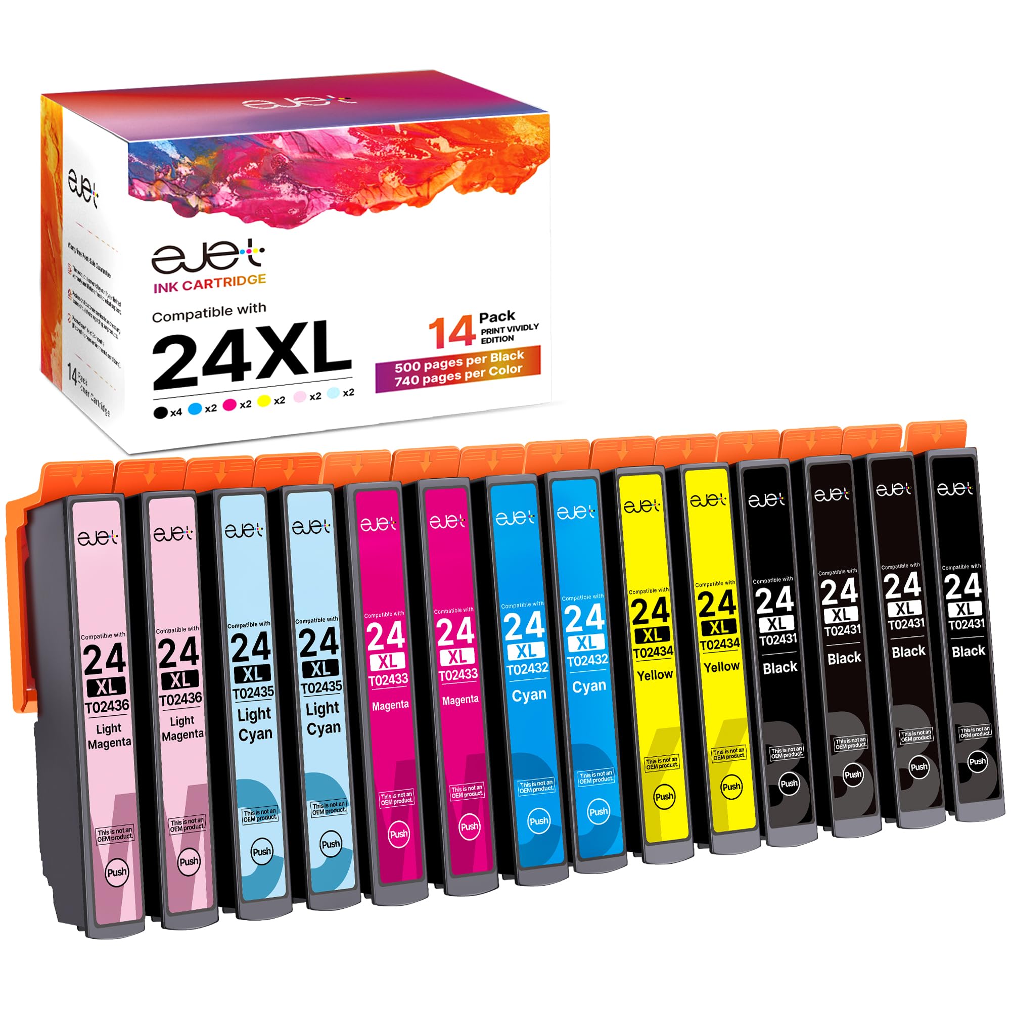 ejet 24XL Ink Cartridge Replacement for Epson 24 XL for Expression Photo XP-970 XP-55 XP-950 XP-860 XP-960 XP-750 XP-760 XP-850 Printer (Black Cyan Magenta Yellow Light Cyan Light Magenta, 14-Pack)