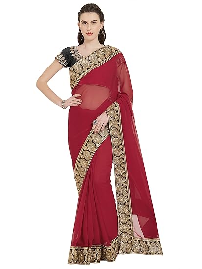 Womens Faux Georgette Heavy Work Border Lace Saree with Contrast Blouse (9711)