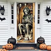 Skeleton Halloween Door Cover, Funny Halloween Restroom Door Decoration | Skeleton Sitting on The Toilet Door Curtain, Halloween Party Supply, Halloween Skeleton Banner, 78.74x23.62 inches