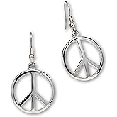 Hippie Peace Sign Dangle Earrings Polished Silver Finish Pewter
