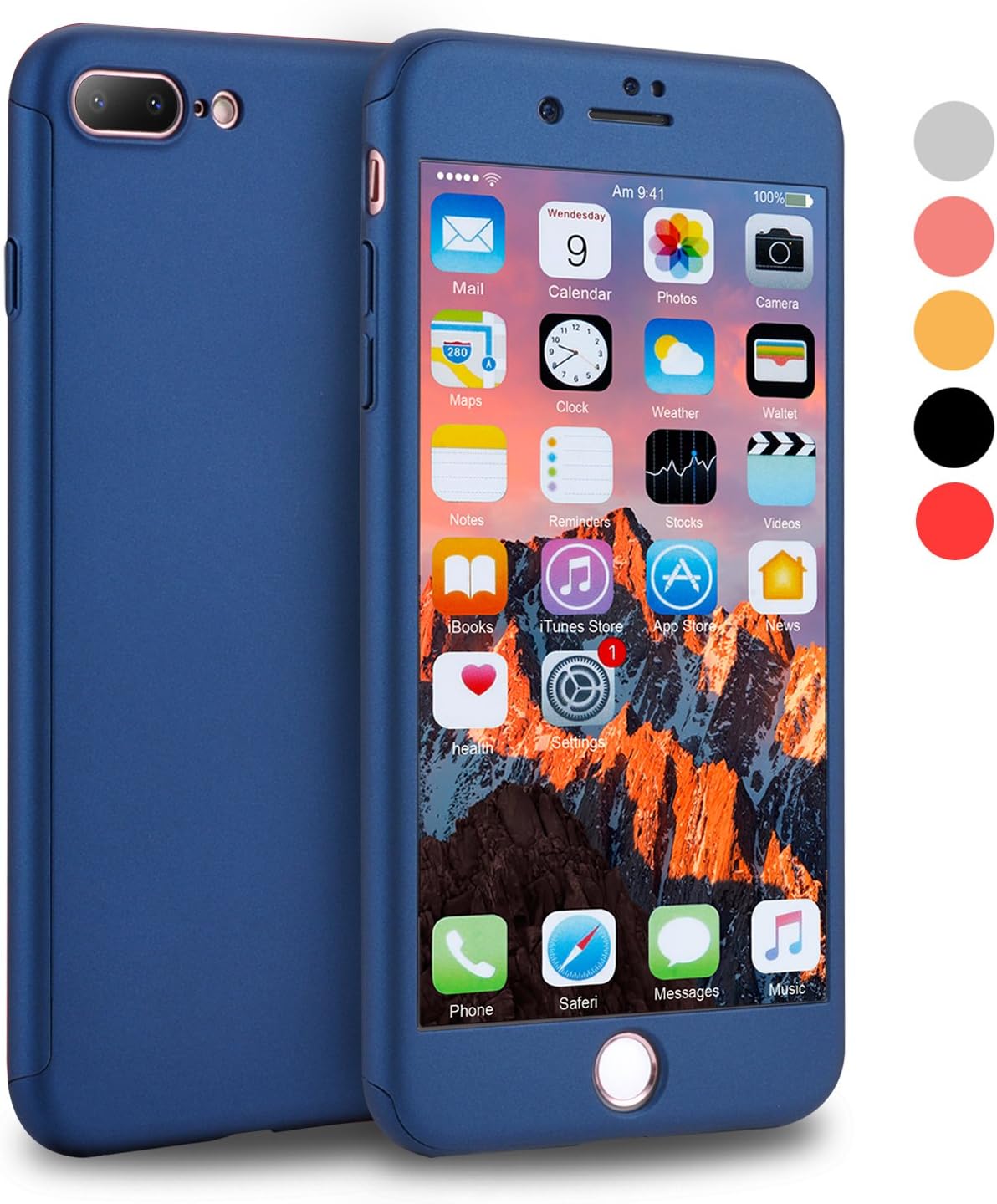 iPhone 7 Plus Case, VANSIN 360 Full Body Protection Hard Slim Case Coated Non Slip Matte Surface with Tempered Glass Screen Protector for Apple iPhone 7 Plus (5.5-inch) - Navy Blue