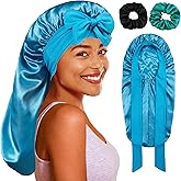 Long Bonnet with Tie Band, Satin Hair Silk Bonnet for Sleeping Women, Sleep Bonnets for Women, Double Layer Silky Sleep Cap for Curly Hair Braids