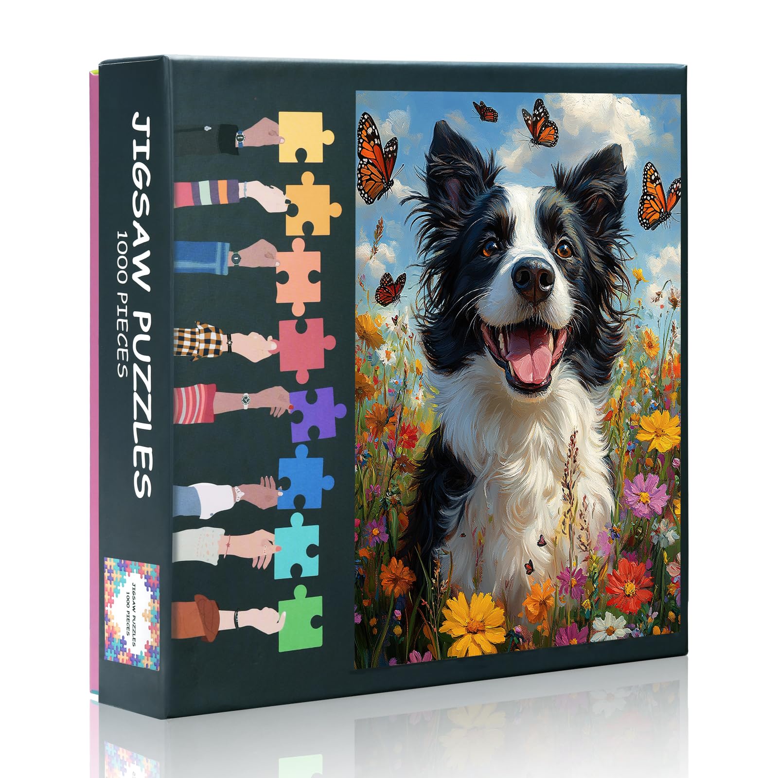 Photo 1 of 1000 Piece Puzzle for Adults, Jigsaw Puzzles 1000 Pieces for Adults - Dog and Butterfly in a Sea of Flowers, Coolest Adult Puzzles, 27.5x19.7 in