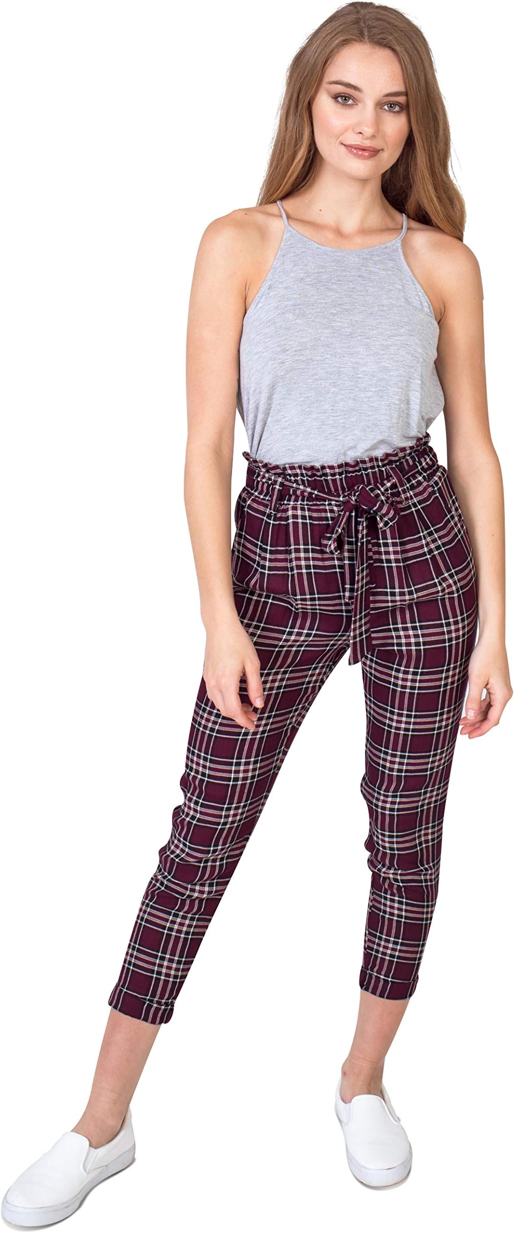 Bebop Women's Paper Bag Waist Tapered Hem Menswear Flannel Plaid Self Tie Trouser Pant