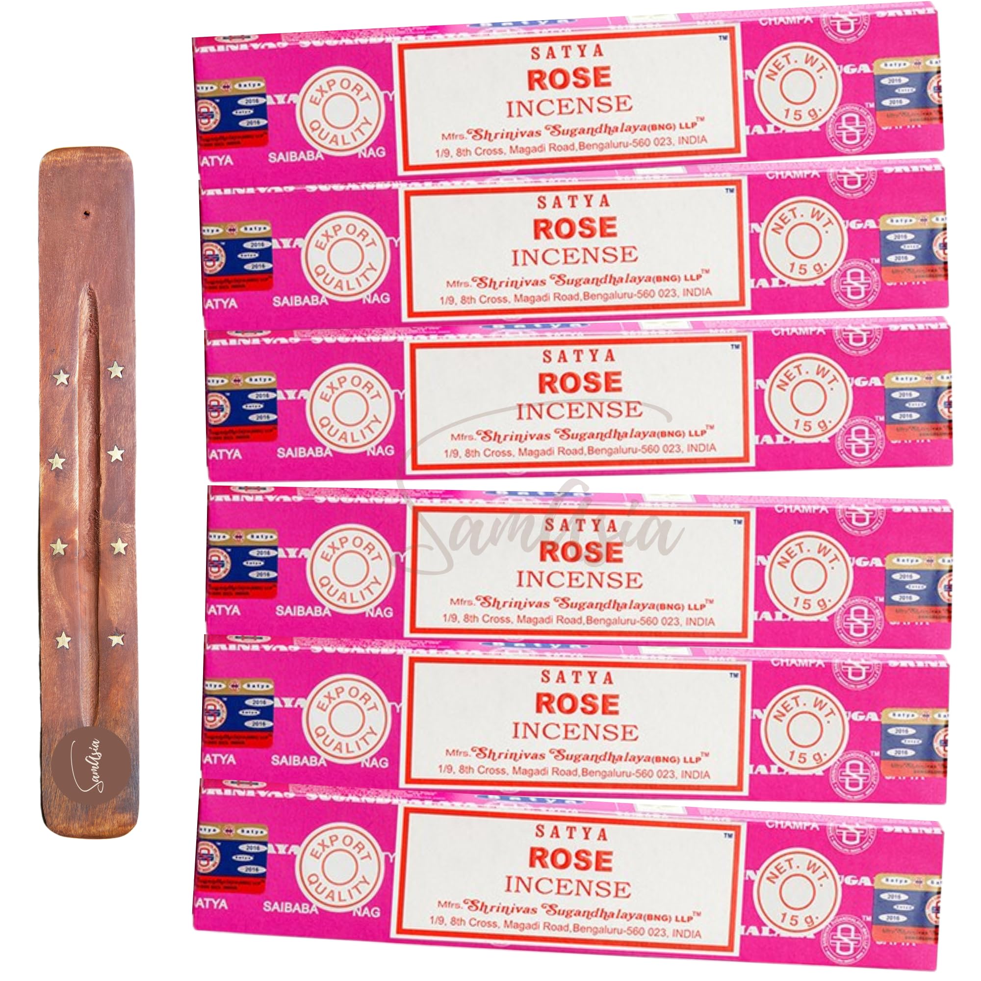 Satya Nag Champa Rose Incense Sticks | x6 pack | with SAMASIA incense sticks holder | Used for Aromatherapy, Spa, Yoga, Weddings, Meditation, Healing, Positivity and Relaxation