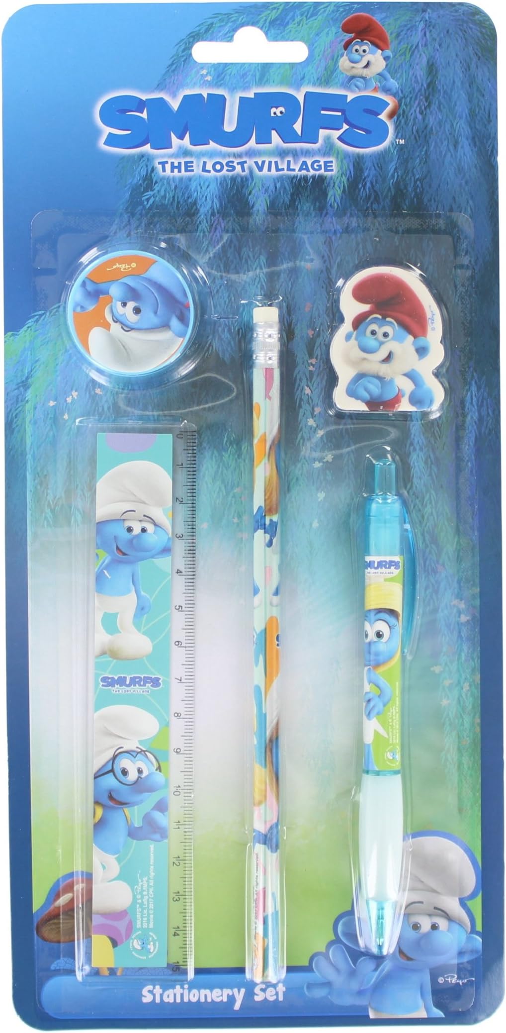 Smurfs 5 Piece School Stationary Set with Pen, Pencil, Ruler, Sharpener & Rubber