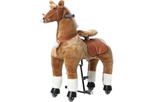 PONYEEHAW Ride on Horse Toys, Kids Riding Horse Toys Ride on Toys for 6-14 Years Old, Premium Plush Animals Toys Walking Horse with Wheels (Brown, 31.5" L x 13" W x 36.2" H)