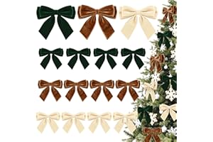 CUPLOOV 24Pcs Velvet Bows for Christmas Tree, Brown Beige Green Bows Christmas Decorations with Twist Tie, Bulk Vintage Velvet Ornaments for Wreath Garland Gift Wrapping Wedding Champagne Parties 3.5"x3.5"
