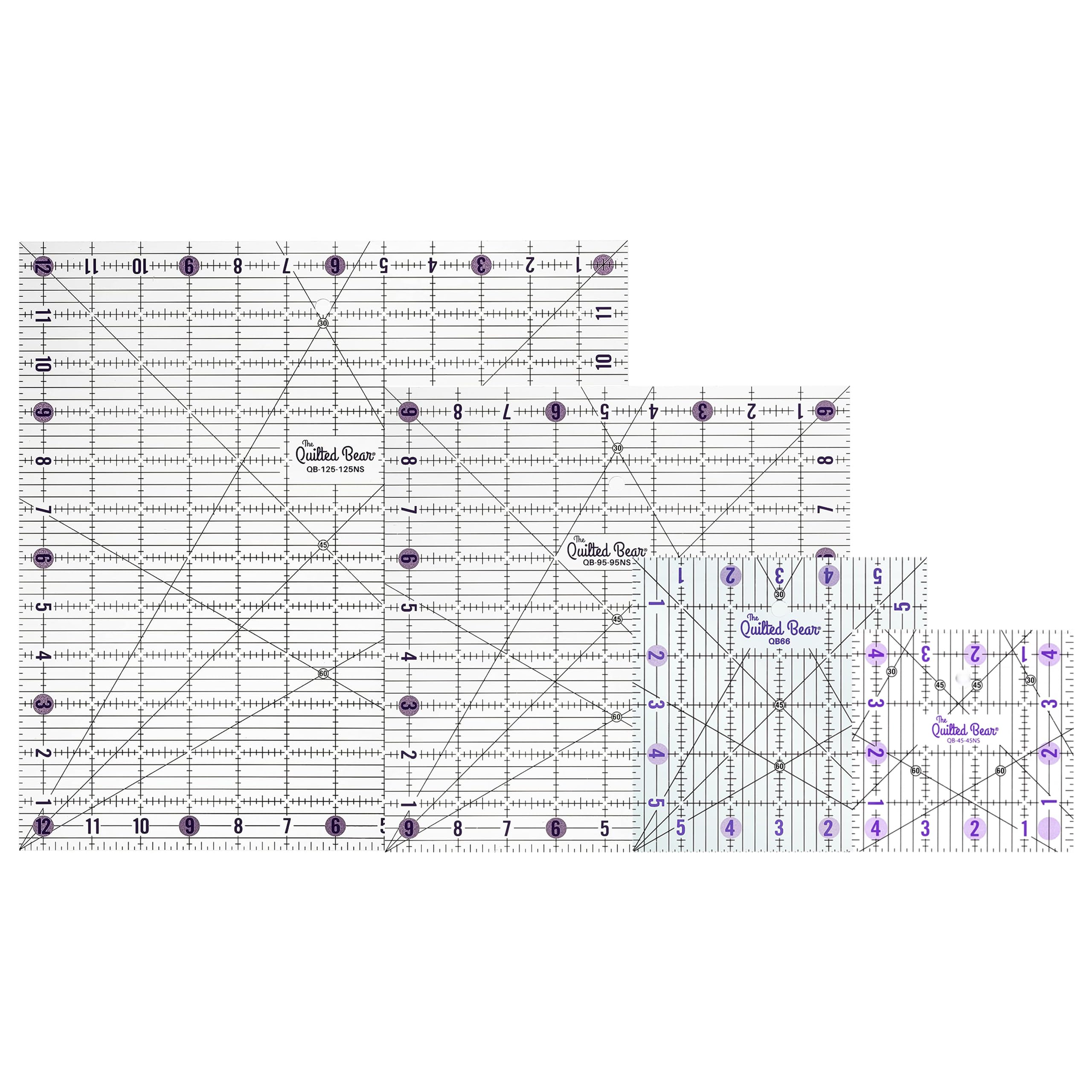 The Quilted Bear Quilting Ruler Bundle - Transparent Acrylic Non Slip Quilting & Patchwork Ruler with Clear Black Lines & 30, 45 & 60 Degree Angles (4.5", 6", 9.5" and 12.5")