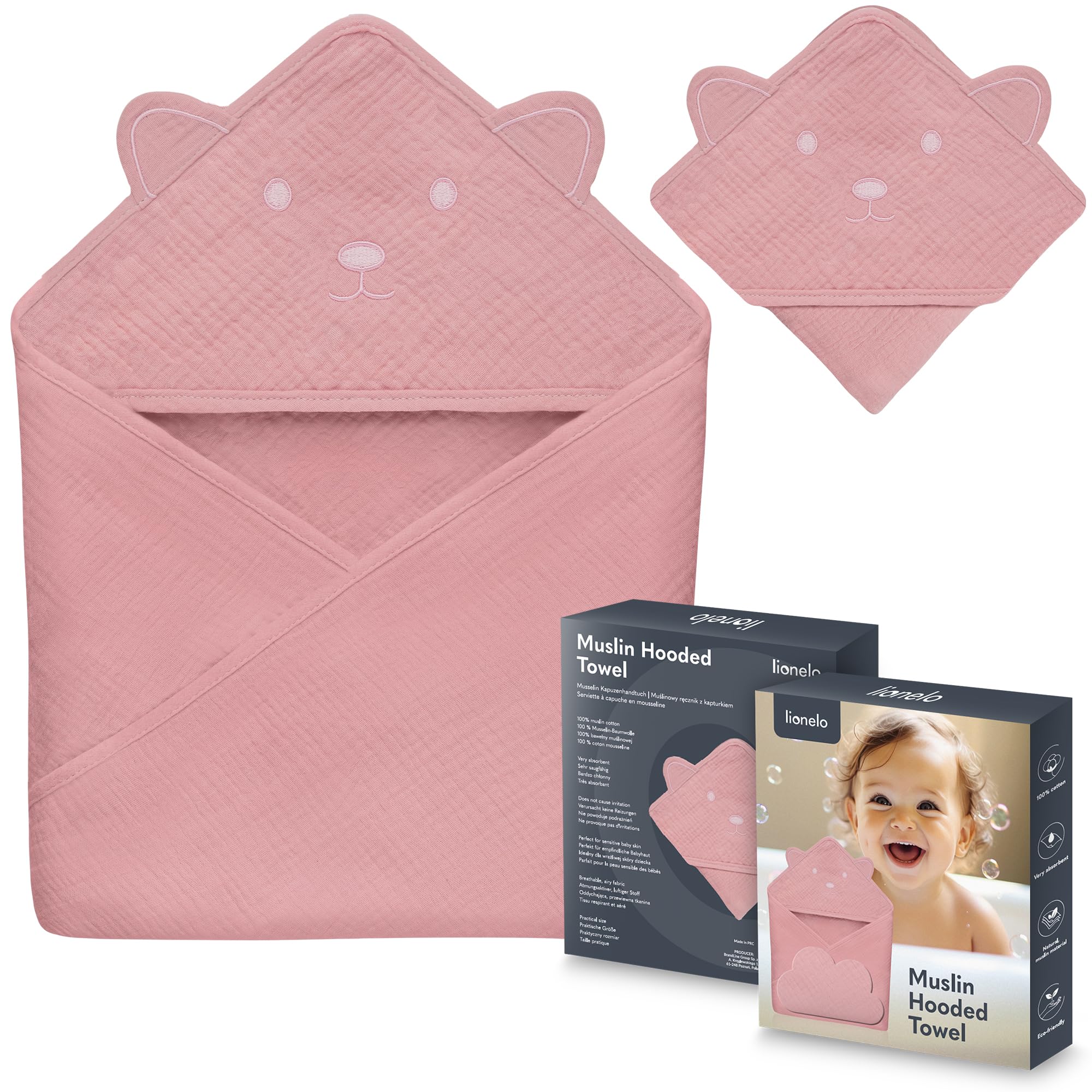 lionelo Baby Hooded Towel 100% Natural Muslin Cotton 80x80cm Absorbent Bath Towel with Hood for Newborns & Toddlers 6 Colours Soft & Breathable, Swaddle Muslin, Nursery Blankets (Pink, 80x80 cm)