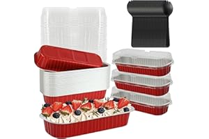 BAKINGPAK Aluminum Baking Pans With Lids, 30PCS 6.8OZ 200ML Rectangle Disposable Cupcake Containers Mini Cake Pans With Lids Loaf Pans Mini Aluminum Pans with Lids for Birthday Wedding,Red