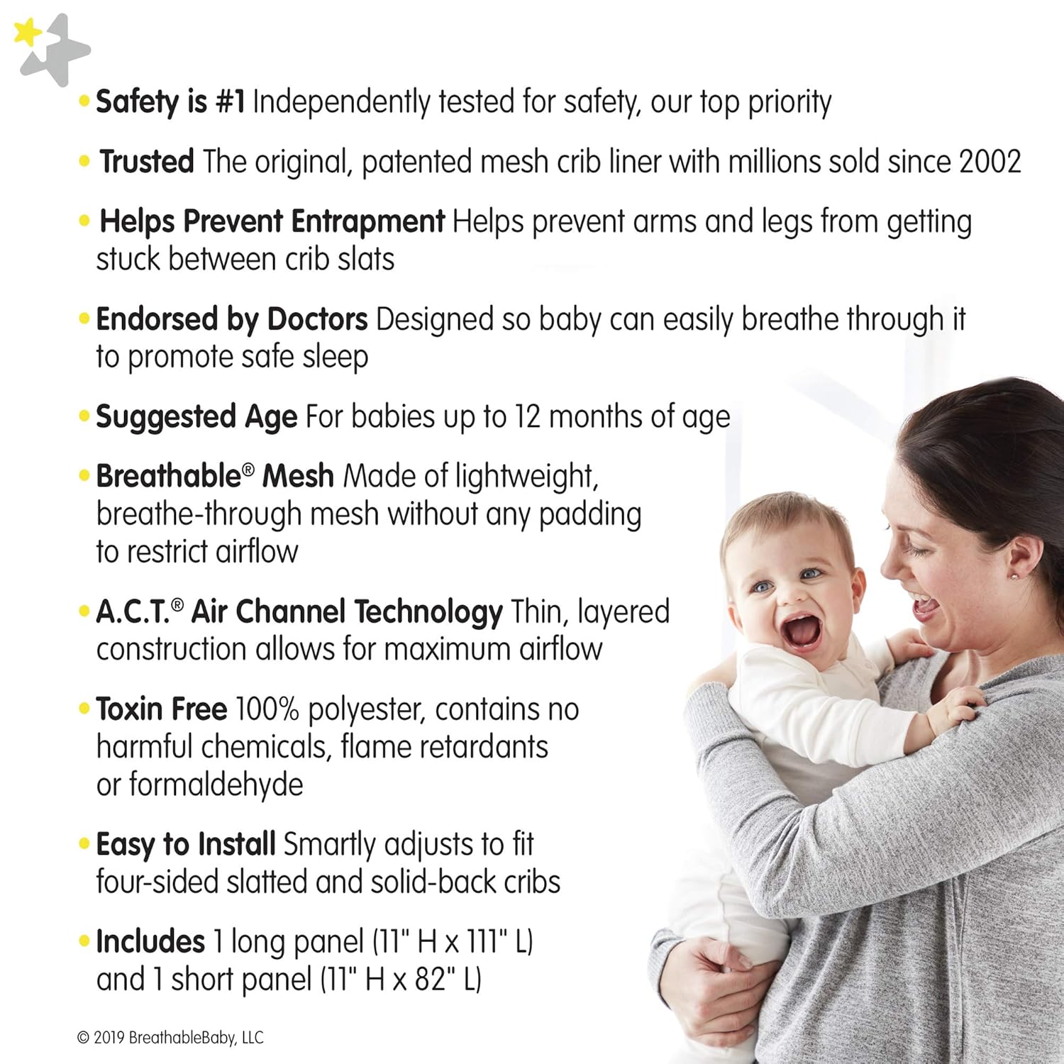 BreathableBaby Classic Patented, Safer for Baby, Anti-Bumper, Non-Padded, Breathable Mesh Crib Liner - Gray : Baby