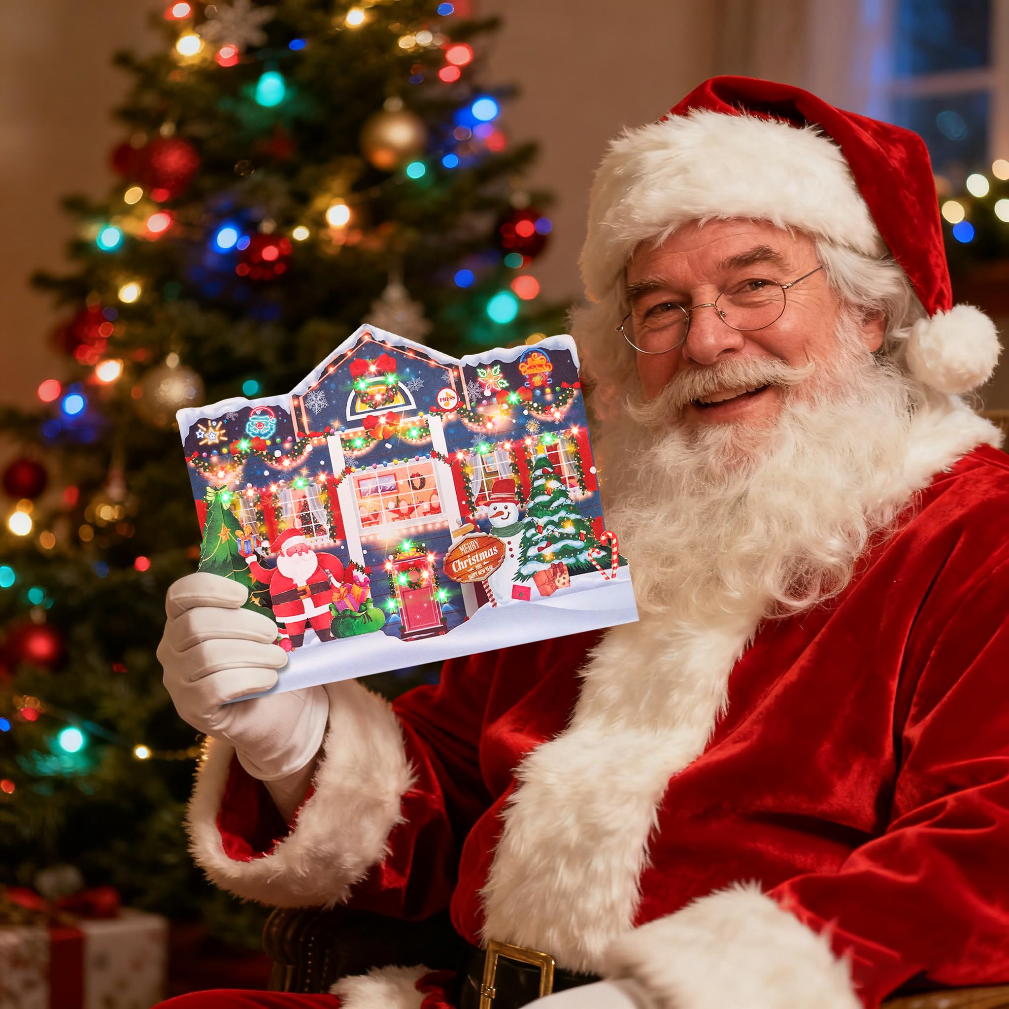 MZD8391 3D Pop Up Christmas Cards with Music and Lights, Animated Christmas Gift Card, Playing 3 Songs with 3 Matching Lights Blinking Modes (Envelope Included)