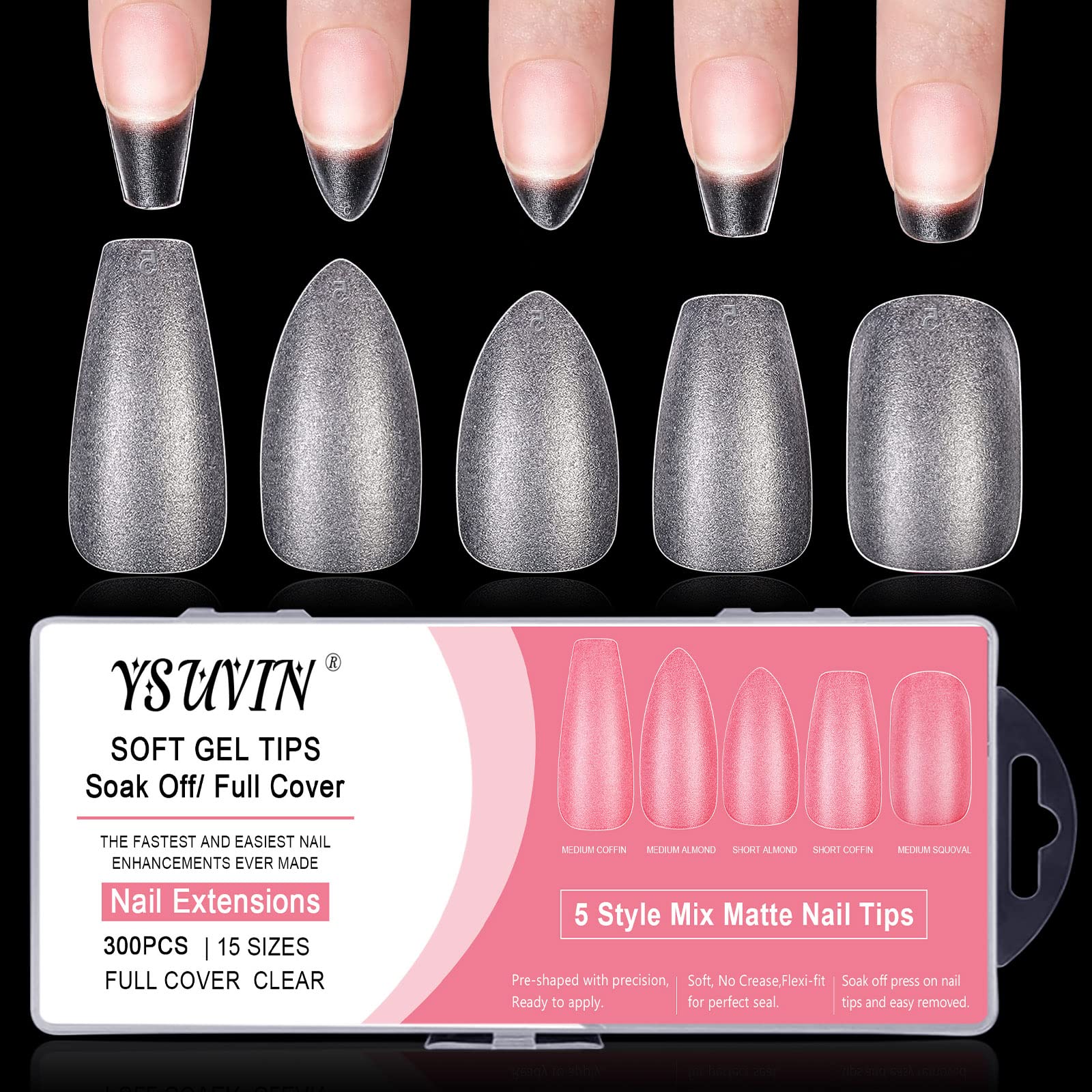 Yueshop Soft Gel Full Cover Nail Tips Kit- 300PCS Short Medium Almond Ballet NailTip Gelly Gel Full Matte Cover Break Resistant 5 Shapes Soft nail tips For Soak Off nail Extensions