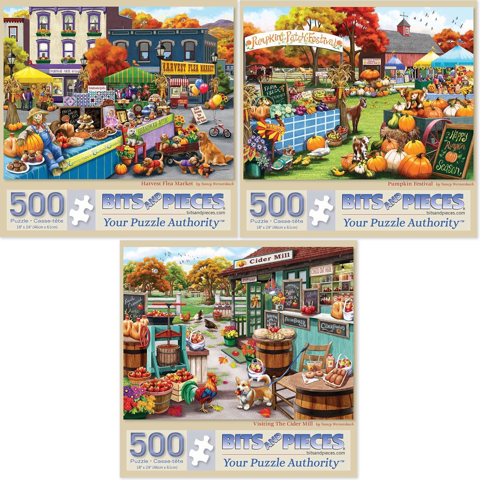 Photo 1 of **FACTORY SEALED**
Bits and Pieces – Value Set of Three 500 Piece Jigsaw Puzzles for Adults – Harvest Flea Market, Pumpkin Festival, Visiting The Cider Mill Artist Nancy Wernersbach, Completed Puzzle Size: 18" x 24"