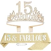 Hapdoo 15th Birthday Decorations for Women, 15th Birthday Gifts Sash and Crown for Women Set, 15 & Fabulous Party Supplies, Gold