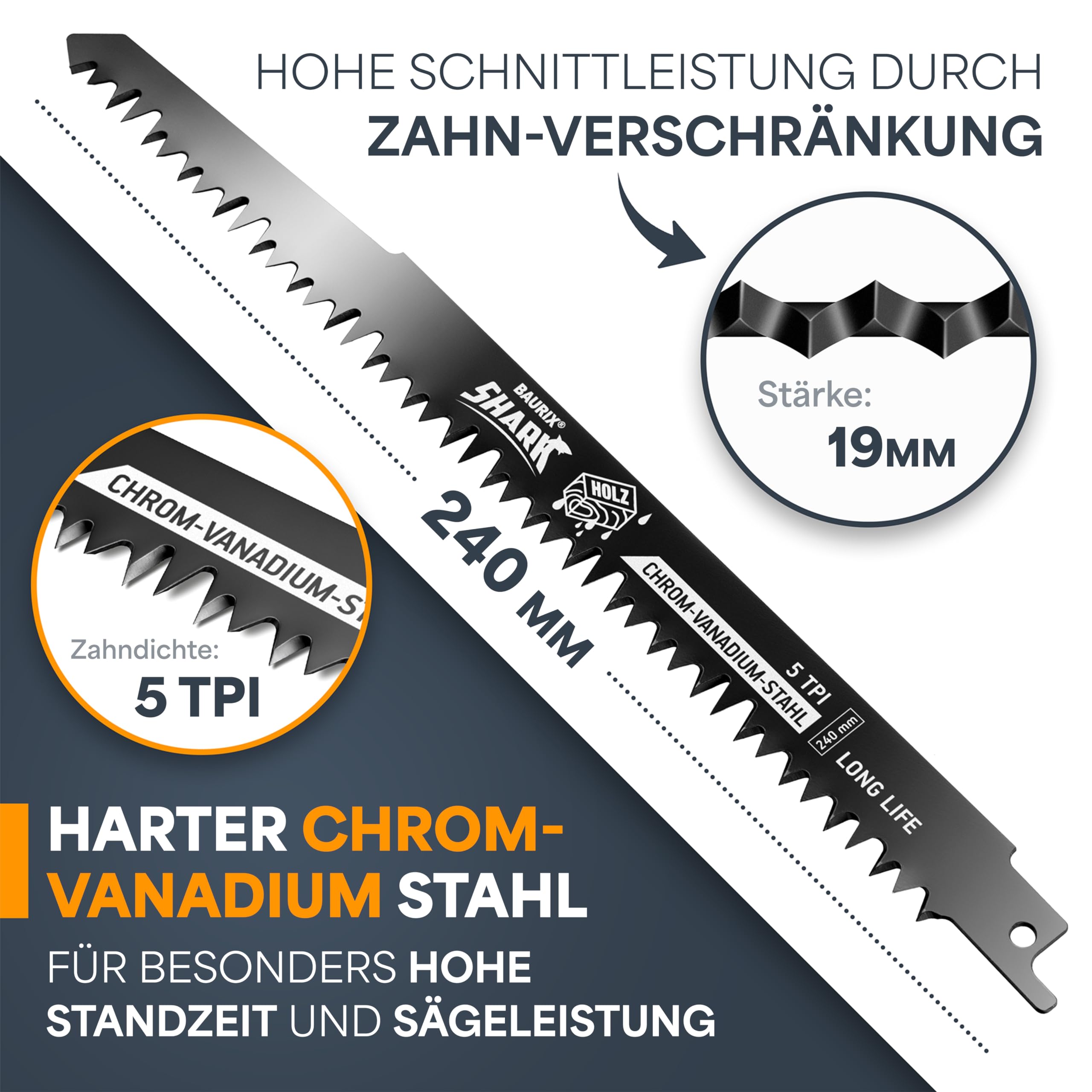 BAURIX® Säbelsägeblätter 240 mm 5er Set – nasses & grobes Holz, 5 TPI 3