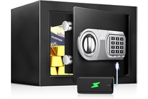BIOAEYOK 1.0 Cu Ft Small Fireproof Waterproof Safe Box for Home Use, Personal Safe and Lock Box with LED Sensor Light & Emergency Power Outlet for Money Jewelry Documents
