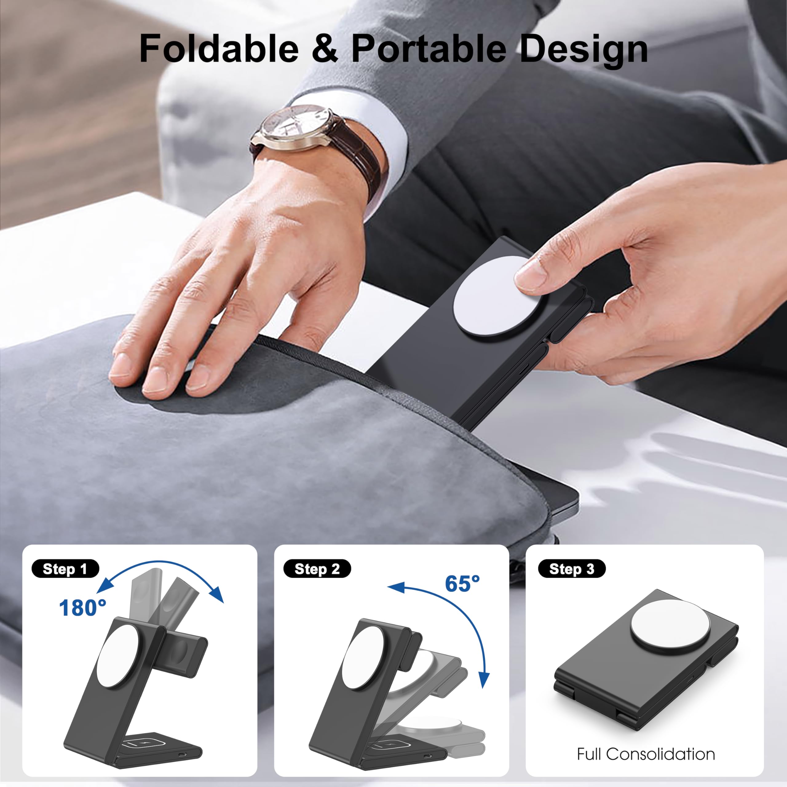 3 in 1 Wireless Charging Station for Multiple Devices, Fast Foldable Travel Mag-Safe Stand for iPhone 16/15/14/13/12/Series, Magnetic Charger for Apple Watch 10/Ultra 2/AirPods 4 with 20W Adapter
