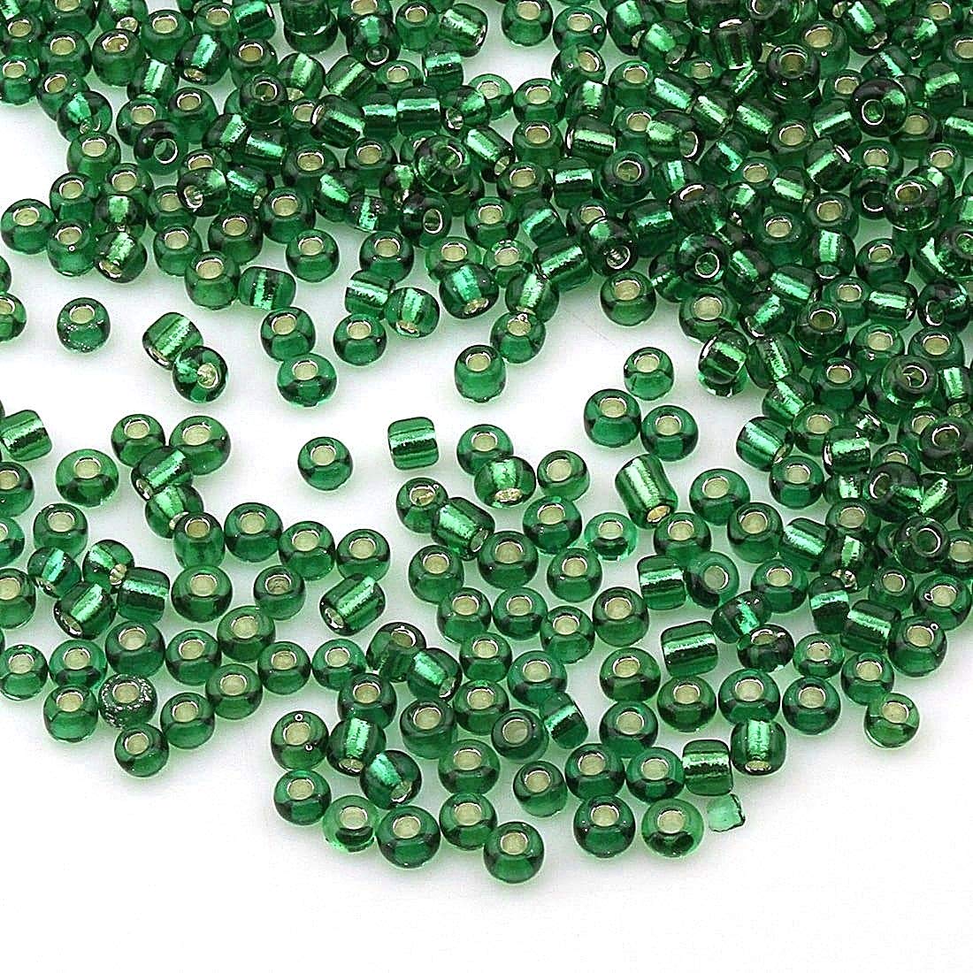 Perlin Pack of 3300 Glass Seed Beads 3 mm Silver Insert, Silver Lined, 8/0, Pony Beads, Green